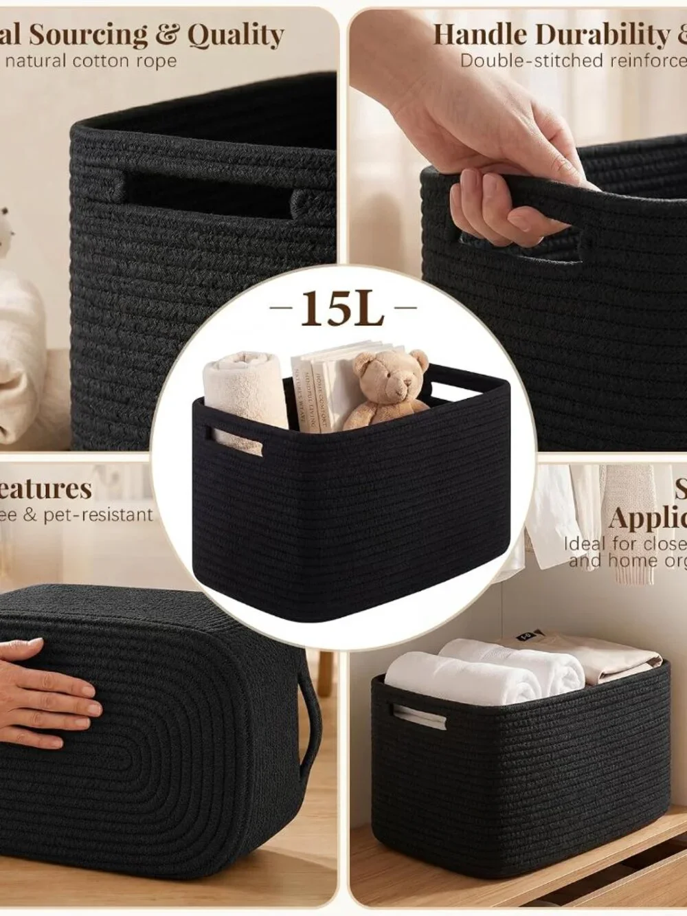 New 4Packs Natural Cotton Rope Storage Baskets for Organizing Toys, Clothes